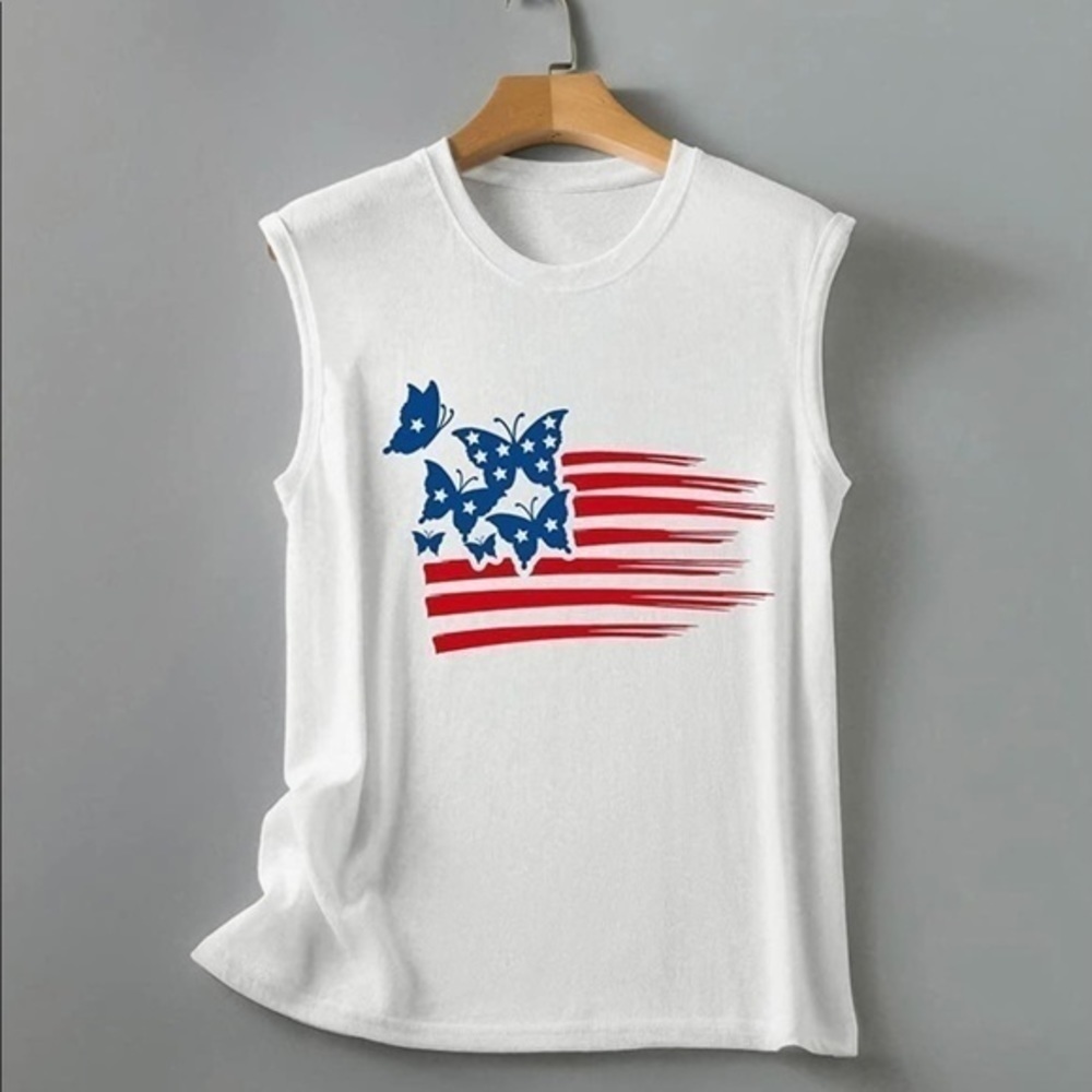 NWOT Tank Top Women’s size 12 White blue & red Patriotic butterfly flag t-shirt